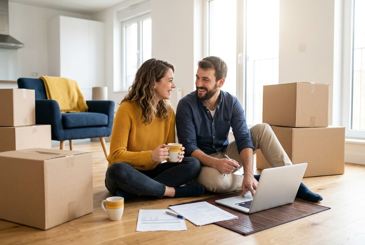 Paar in einer frisch bezogenen Wohnung zwischen Umzugskartons