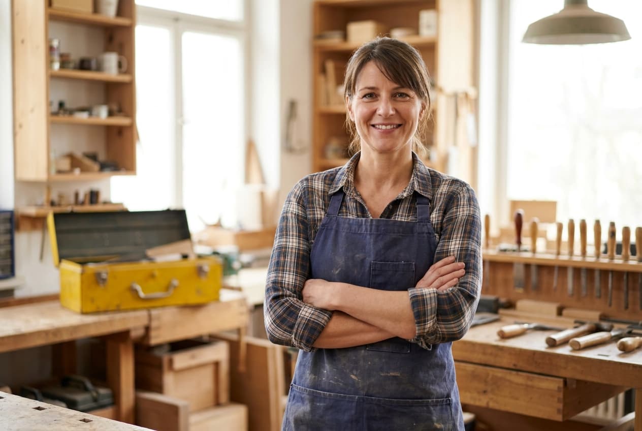 Selbstständige Handwerkerin in ihrer Werkstatt