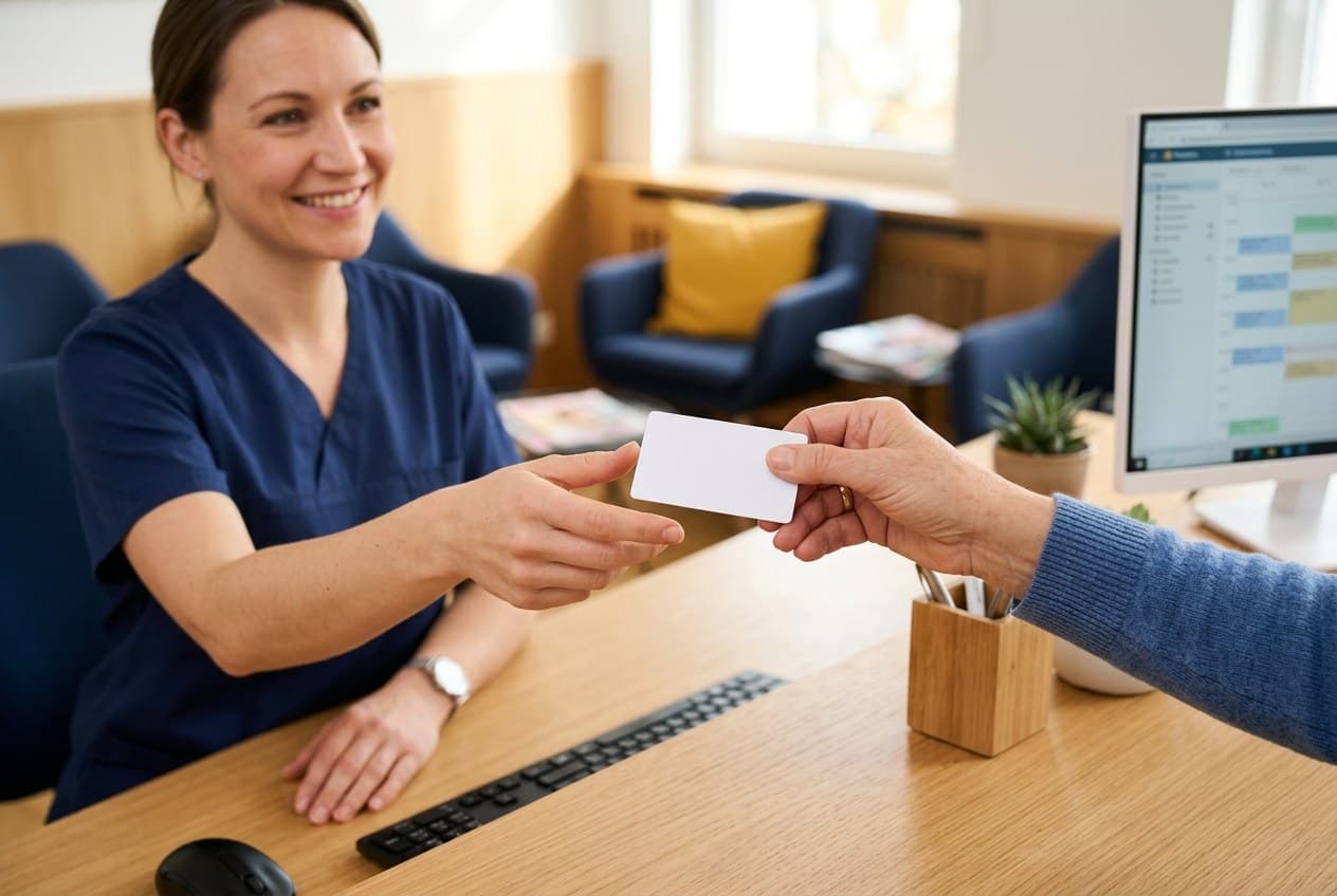 Patient reicht am Empfang einer Praxis seine Versichertenkarte